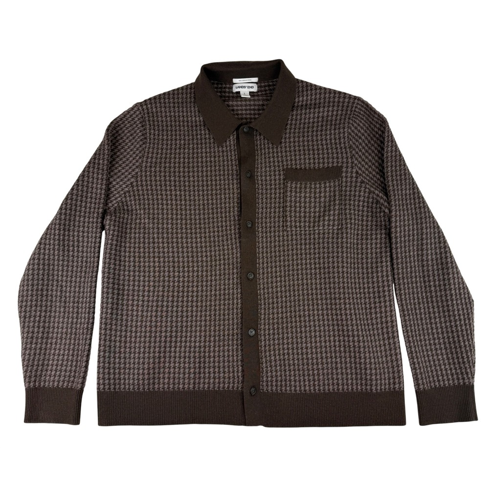 Lands' End Cardigan Mens L Brown Houndstooth Merino Wool Button Polo Sweater
